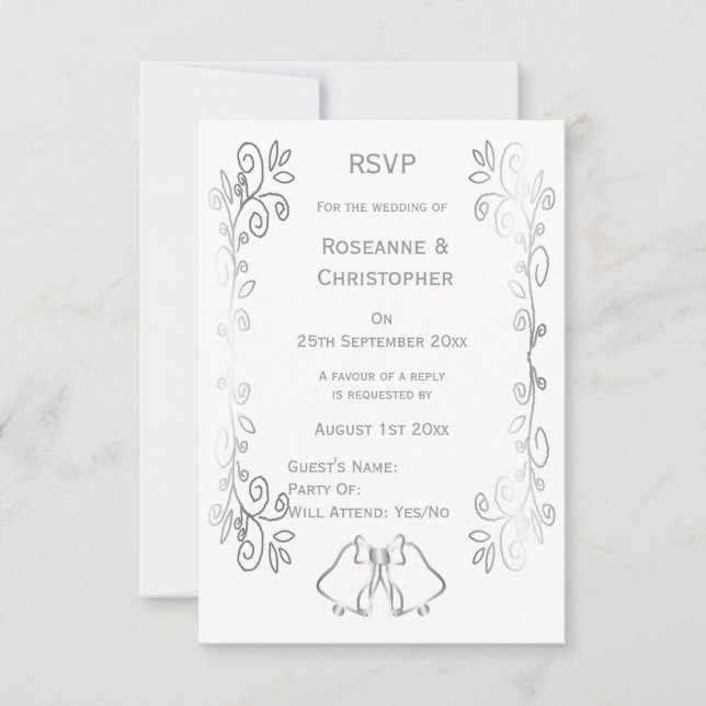 Silver Bells Scrollwork Design Wedding RSVP Card (Front)