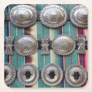 Silver belts for sale, Santa Fe, New Mexico. USA Square Paper Coaster