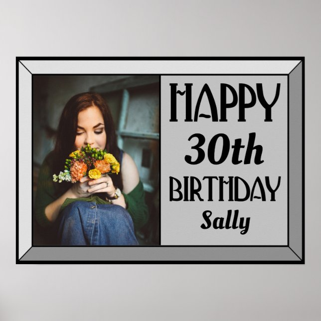 Silver Beveled Art Deco Birthday Photo Poster (Front)
