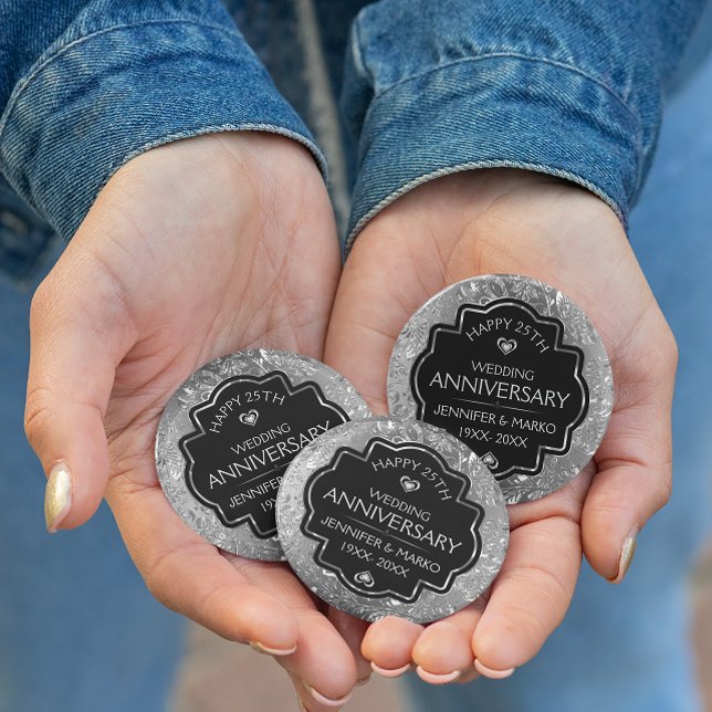 Silver & Black 25th Wedding Anniversary 10 Cm Round Badge (Creator Uploaded)