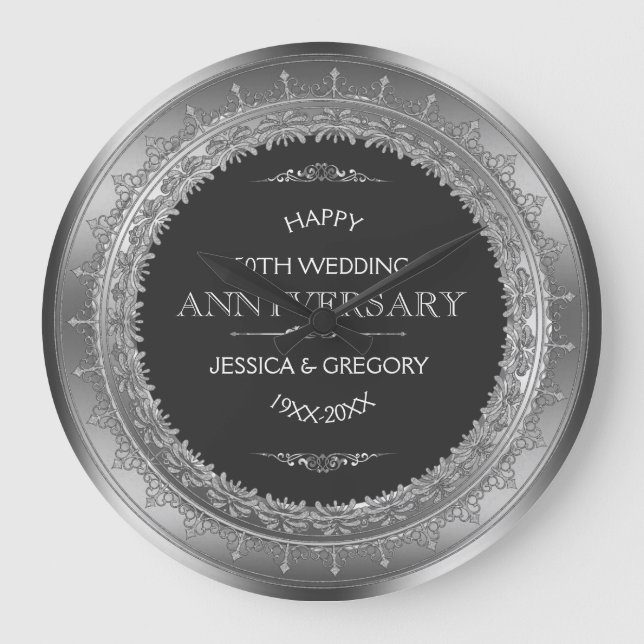 Silver & Black 25th Wedding Anniversary Large Clock (Front)