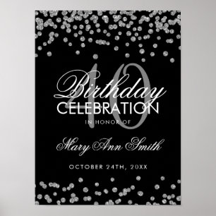 Silver Black 40th Birthday Glitter Confetti Poster