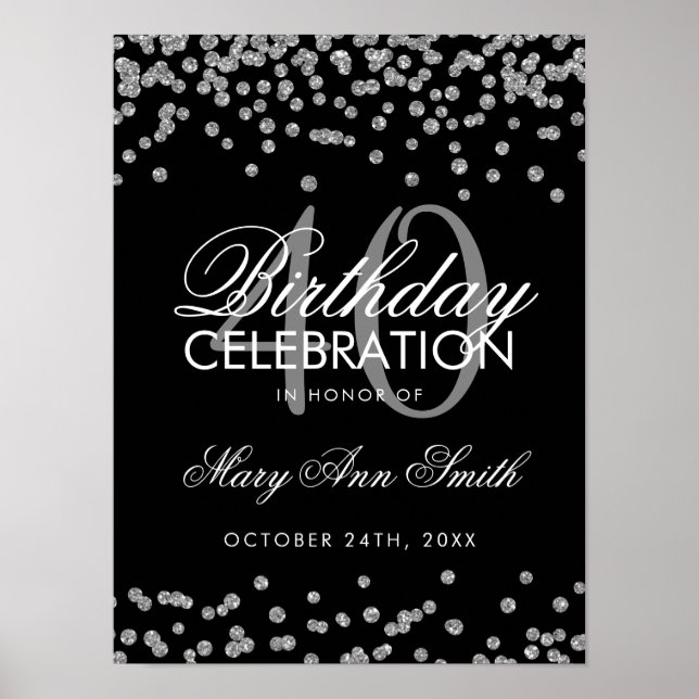 Silver Black 40th Birthday Glitter Confetti Poster (Front)