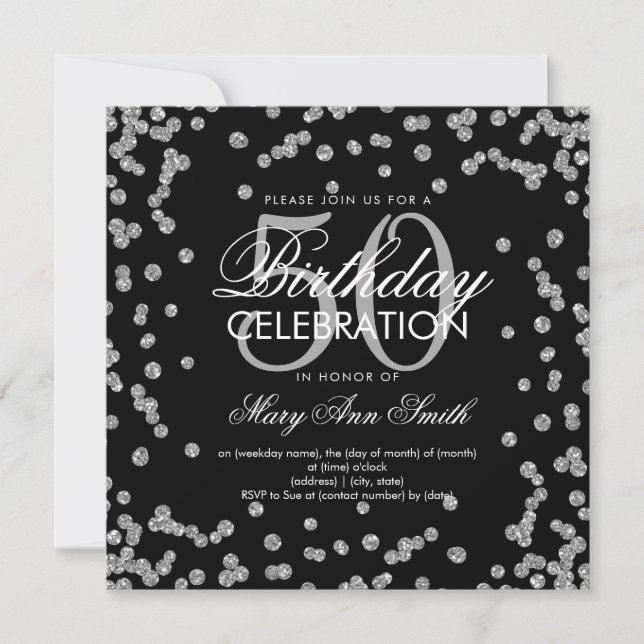 Silver Black 50th Birthday Glitter Confetti Invitation (Front)