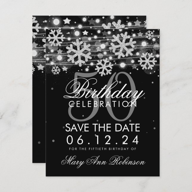 Silver Black 50th Birthday Save Date Winter Invitation (Front/Back)