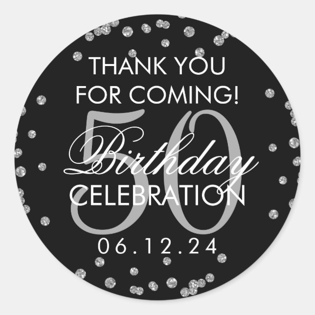 Silver Black 50th Birthday Thank You Confetti Classic Round Sticker (Front)