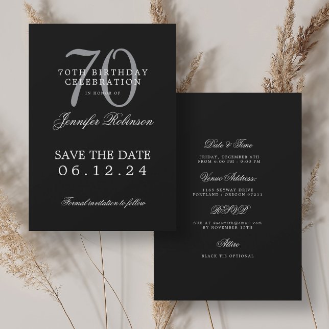Silver Black 70th Birthday Save the Date Details Invitation (Silver Black 70th Birthday Save the Date Details Invitation)