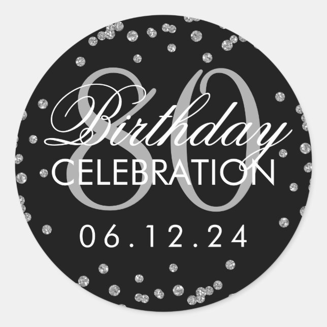 Silver Black 80th Birthday Glitter Confetti Classic Round Sticker (Front)