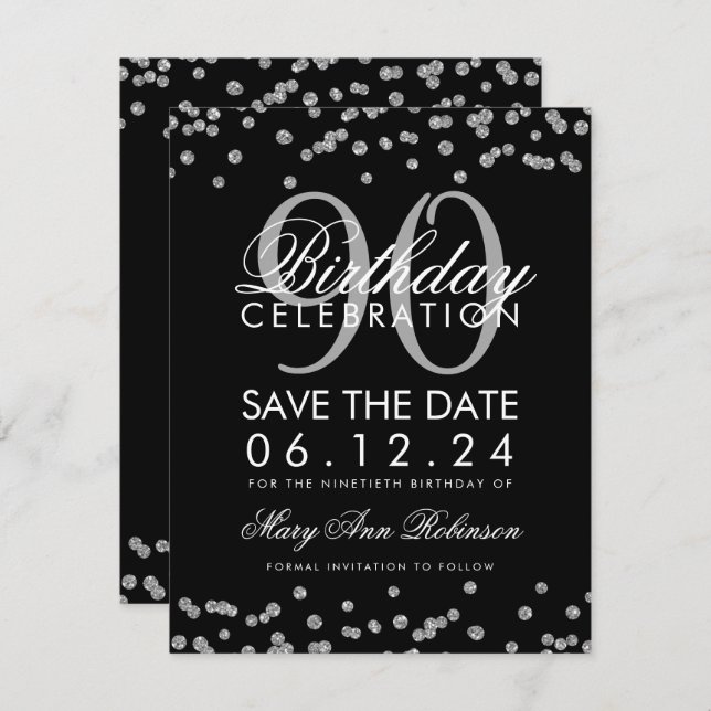 Silver Black 90th Birthday Save Date Confetti Invitation (Front/Back)