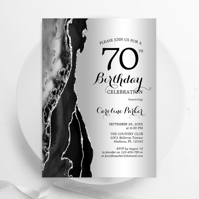 Silver Black Agate 70th Birthday Invitation (Creator Uploaded)