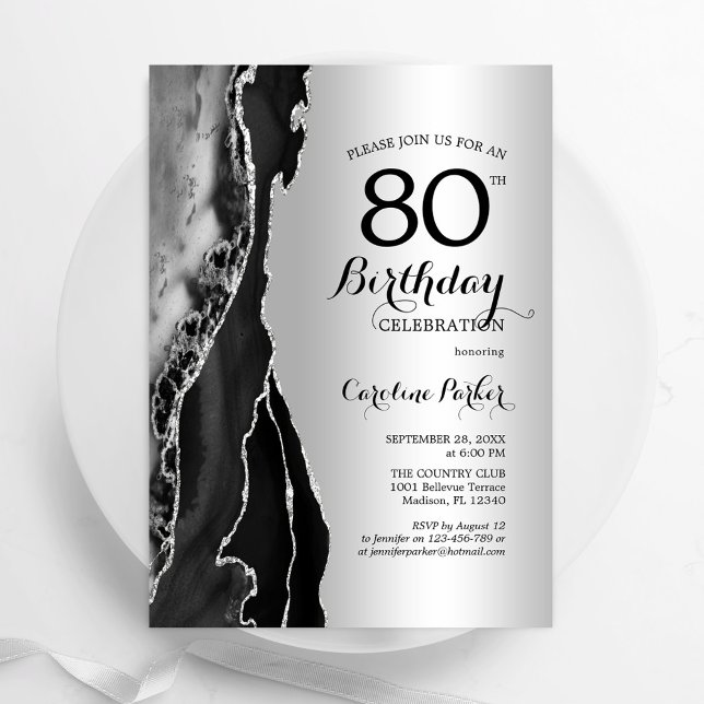 Silver Black Agate 80th Birthday Invitation (Creator Uploaded)