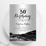 Silver Black Agate Marble 50th Birthday Invitation<br><div class="desc">Black and silver agate 50th birthday party invitation. Elegant modern design featuring rock stone marble geode background,  faux glitter silver and typography script font. Trendy invite card perfect for a stylish women's bday celebration. Printed Zazzle invitations or instant download digital printable template.</div>