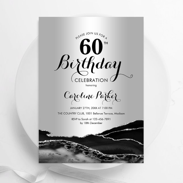 Silver Black Agate Marble 60th Birthday Invitation (Creator Uploaded)