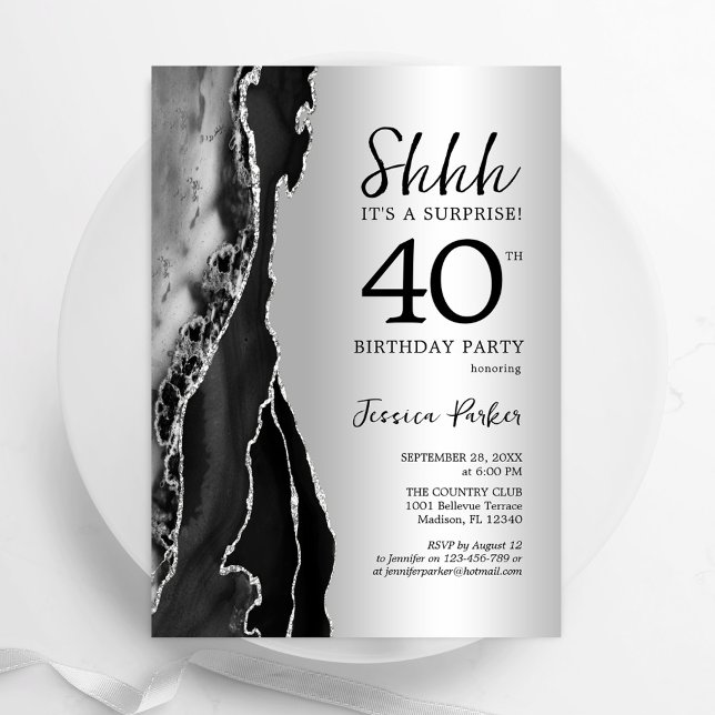 Silver Black Agate Surprise 40th Birthday Invitation (Creator Uploaded)