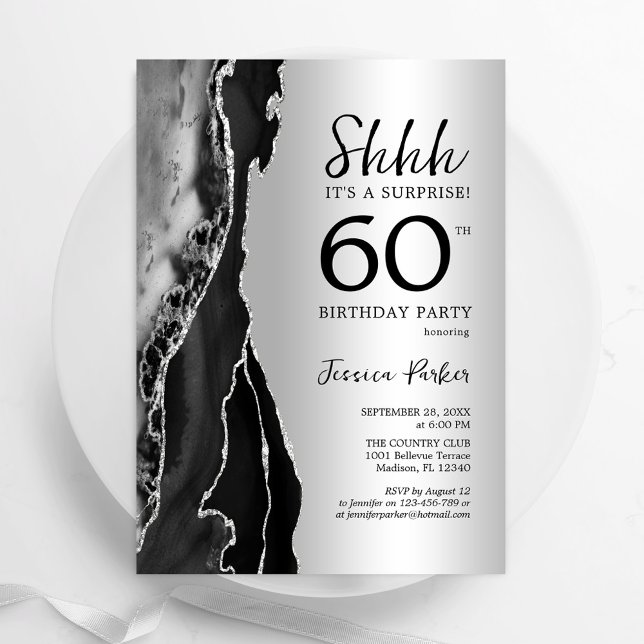 Silver Black Agate Surprise 60th Birthday Invitation (Creator Uploaded)