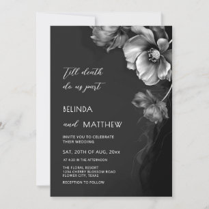Silver Black And White Flowers Goth Wedding  Invitation