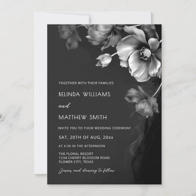 Silver Black And White Flowers Wedding Invitation (Front)