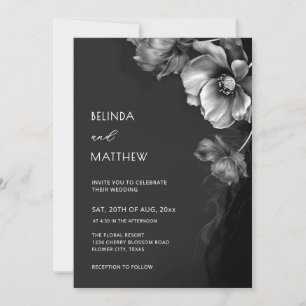 Silver Black And White Flowers Wedding  Invitation
