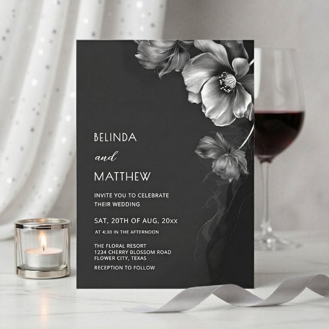 Silver Black And White Flowers Wedding  Invitation (Creator Uploaded)
