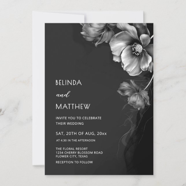 Silver Black And White Flowers Wedding  Invitation (Front)
