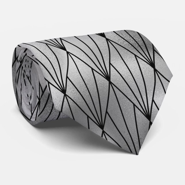 Silver black art deco tiled pattern neck tie (Rolled)