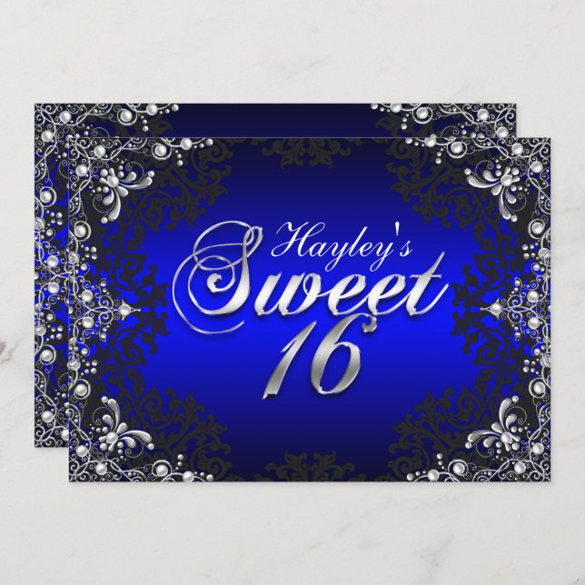 Silver Black Blue Pearl Damask Sweet 16 Invite (Front/Back)