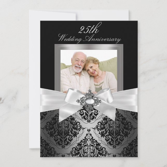 Silver Black Bow & Damask 25th Wedding Anniversary Invitation (Front)