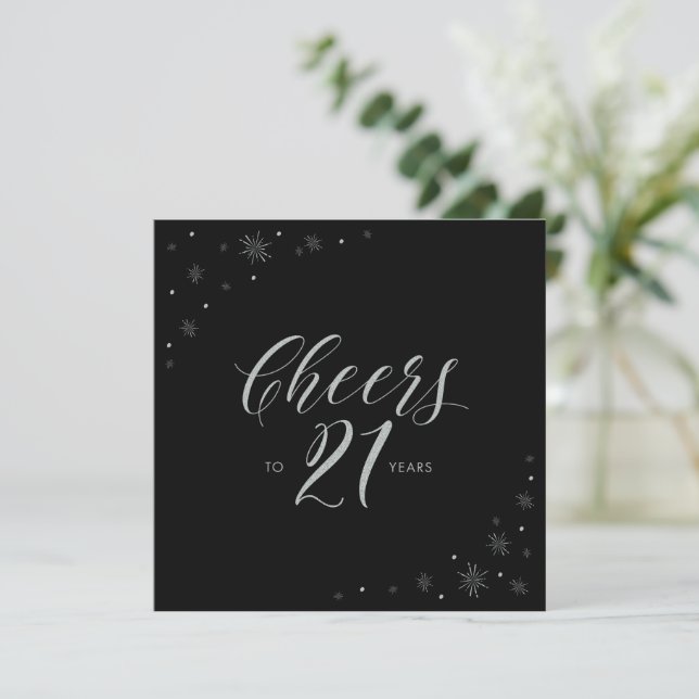 Silver & Black Cheers 21st Birthday Party Square Invitation (Standing Front)
