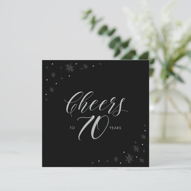 Silver & Black Cheers 70th Birthday Party Square Invitation (Standing Front)