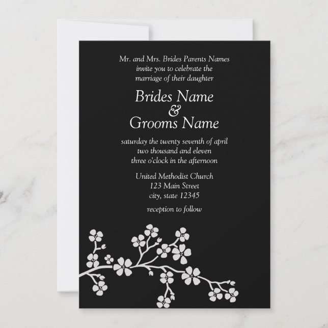 Silver & black Cherry Blossom Elegant Wedding 5x7 Invitation (Front)