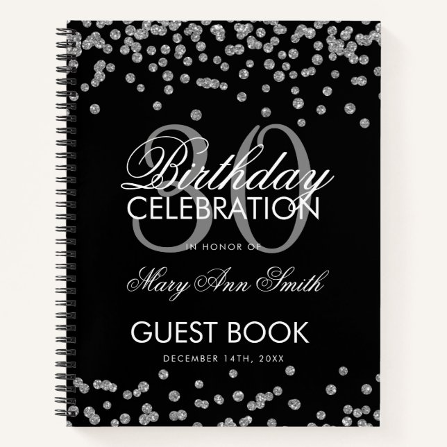 Silver Black Confetti 30th Birthday Guestbook Notebook (Front)