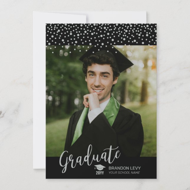 Silver & Black Confetti Photo Graduation Announcement (Front)