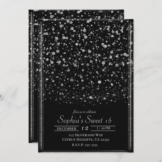 Silver & Black Confetti Splatter Sweet 16 Party Invitation (Front/Back)