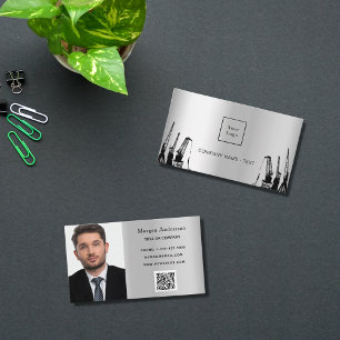 Silver black construction photo contractor logo QR Business Card