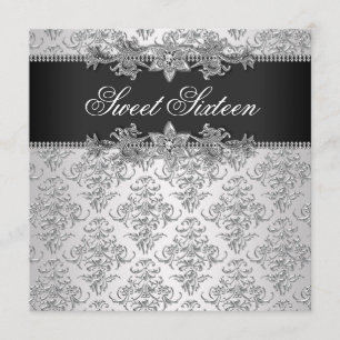Silver Black Damask Black White Sweet 16 Birthday Invitation