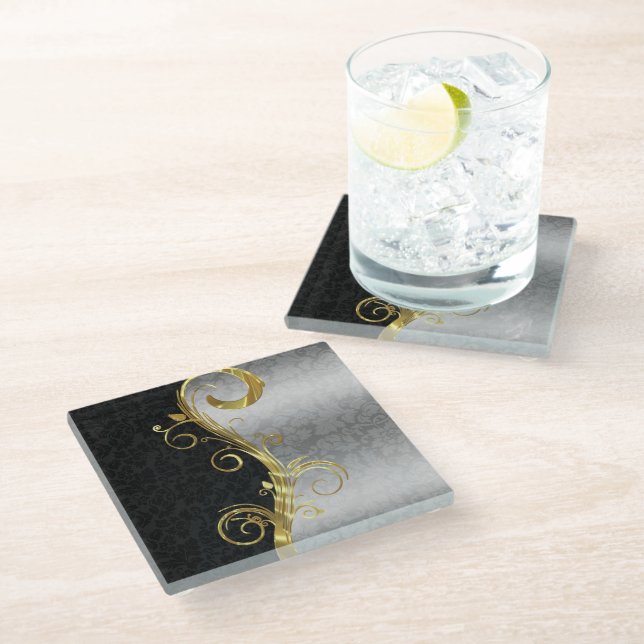 Silver & Black Damask Glass Coaster (Angled)