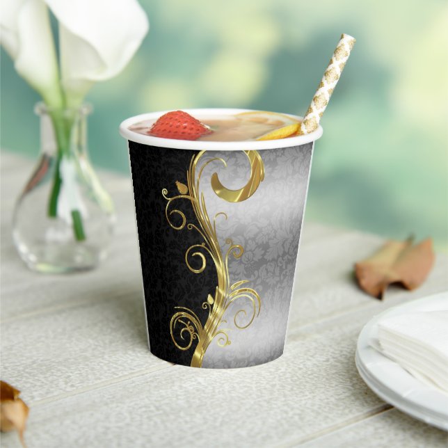 Silver & Black Damask  Paper Cups (Insitu)