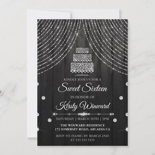 Silver Black Diamond Birthday Cake Sweet 16 Invitation (Front)