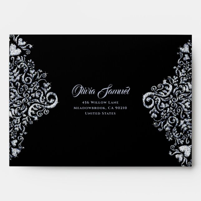 Silver Black Diamond Damask Wedding Envelope (Front)
