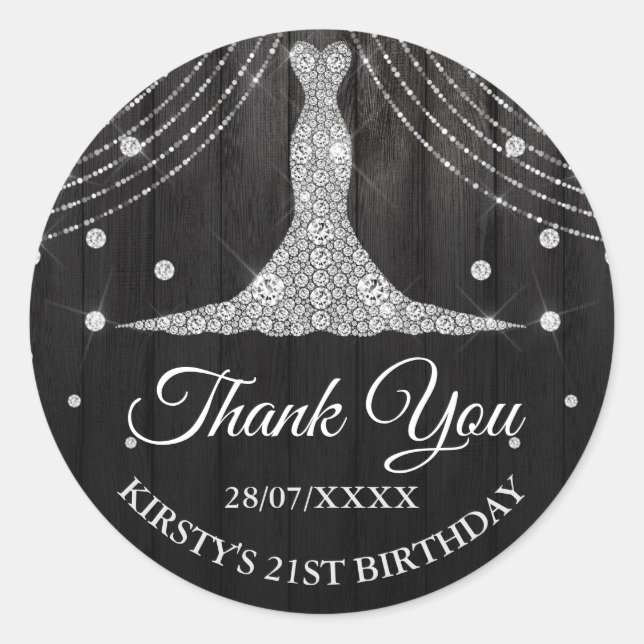 Silver Black Diamond Dress Birthday Classic Round Sticker (Front)