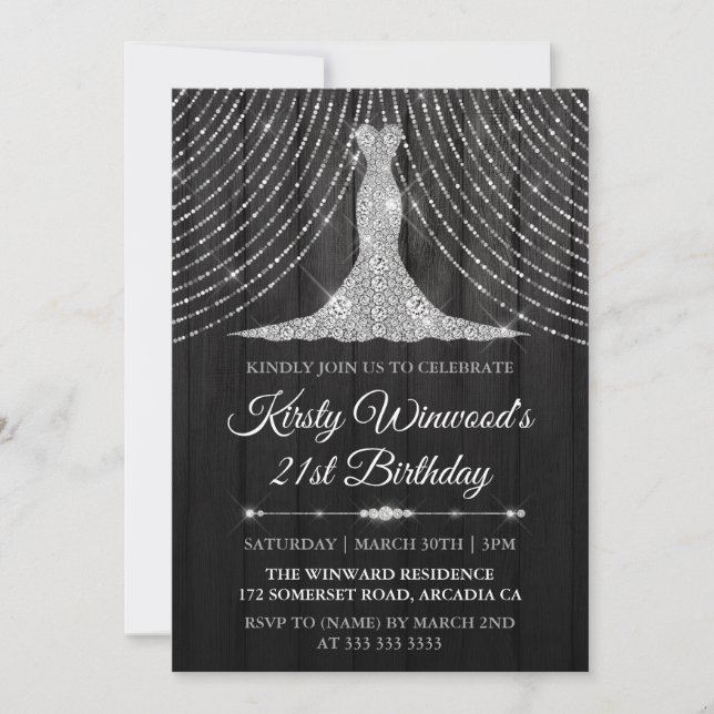 Silver Black Diamond Dress Birthday Party Invitation (Front)