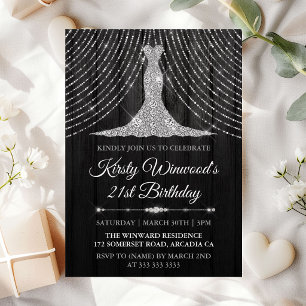 Silver Black Diamond Dress Birthday Party Invitation