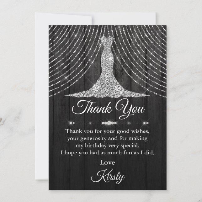 Silver Black Diamond Dress Birthday Party Thank You Card (Front)