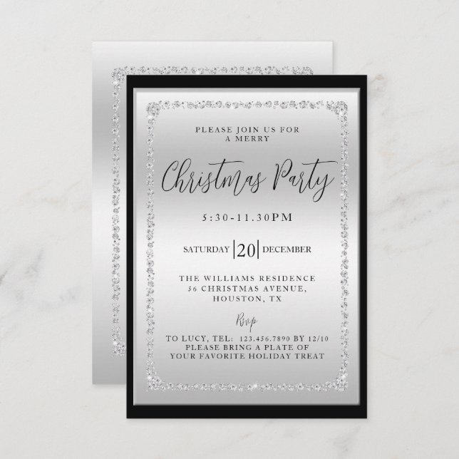 Silver & Black Diamond Framed Christmas Party Invitation (Front/Back)