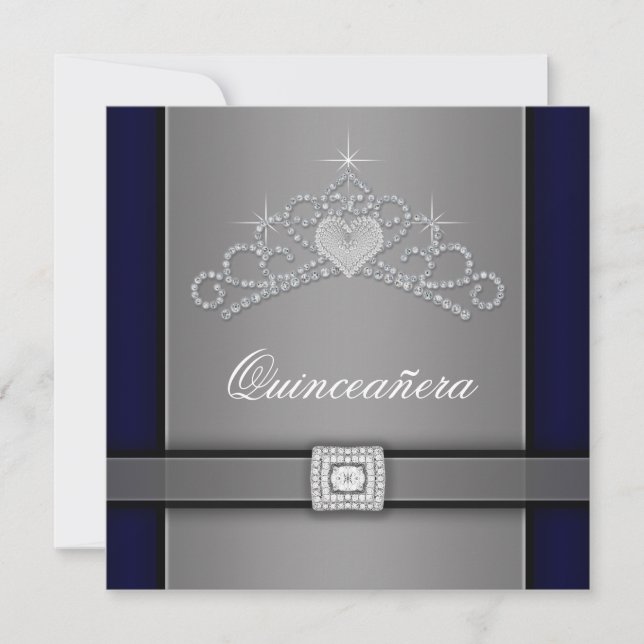 Silver Black Diamond Heart Tiara Quinceanera Invitation (Front)