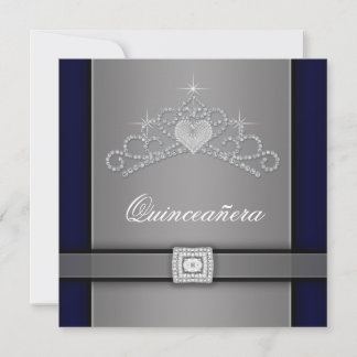 Silver Black Diamond Heart Tiara Quinceanera Invitation