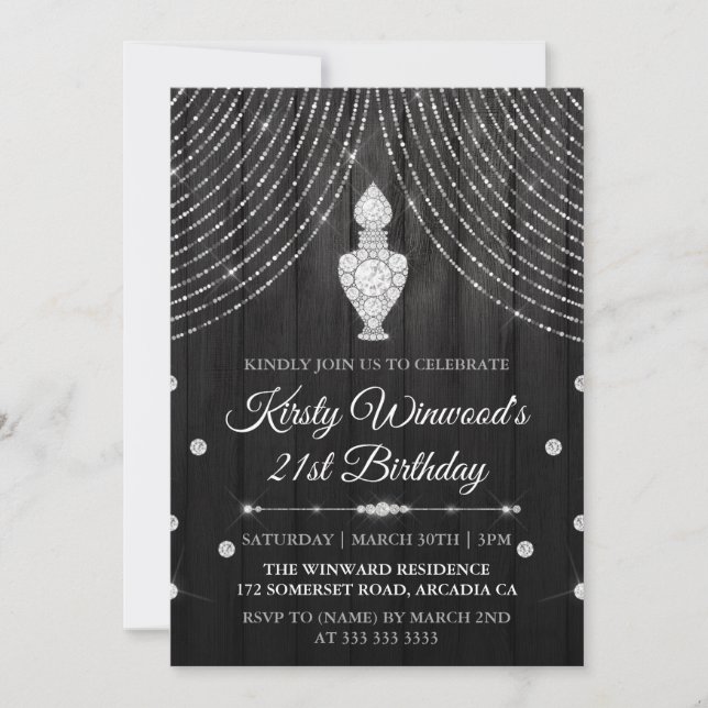 Silver Black Diamond Perfume Bottle Birthday Invitation (Front)