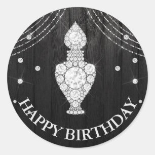 Silver Black Diamond Perfume Bottle Happy Birthday Classic Round Sticker
