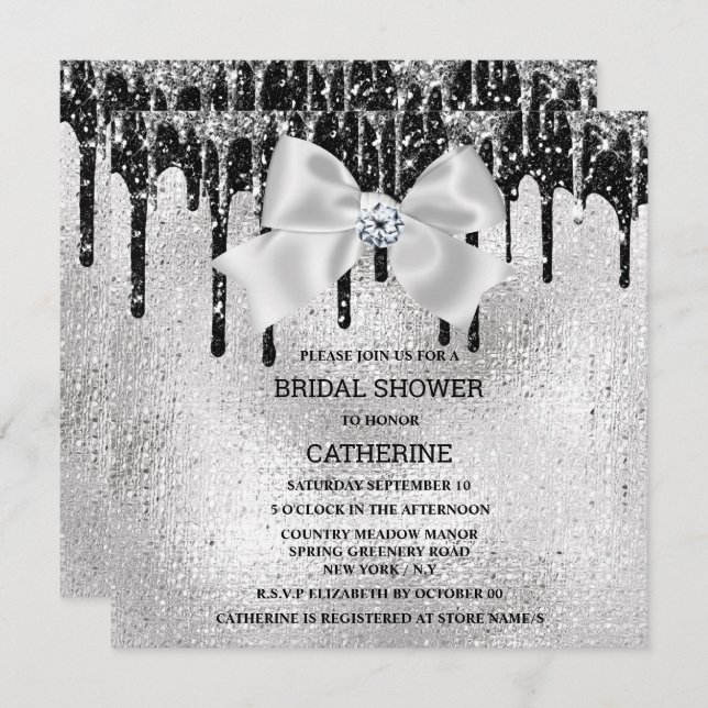 Silver black diamond shimmer lights luxurious glam invitation (Front/Back)