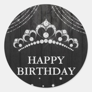 Silver Black Diamond Tiara Happy Birthda Classic Round Sticker